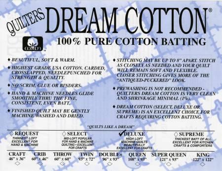 Quilters Dream Mid-Loft 100% Cotton Quilt Batting - USA-Made Quilting  Fabric for DIY (96”x93”)