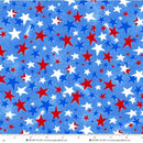 Wide quilt backing fabric with red, white and blue stars on a medium blue background with a ruler at the bottom to show scale.