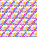 A repeating wide quilt backing fabric pattern featuring whimsical rainbow arches, yellow suns, white clouds, and retro-style flowers in pink, purple, blue, green, and yellow.