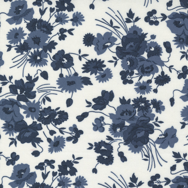 Navy blue floral print on a cream background wide quilt back fabric.