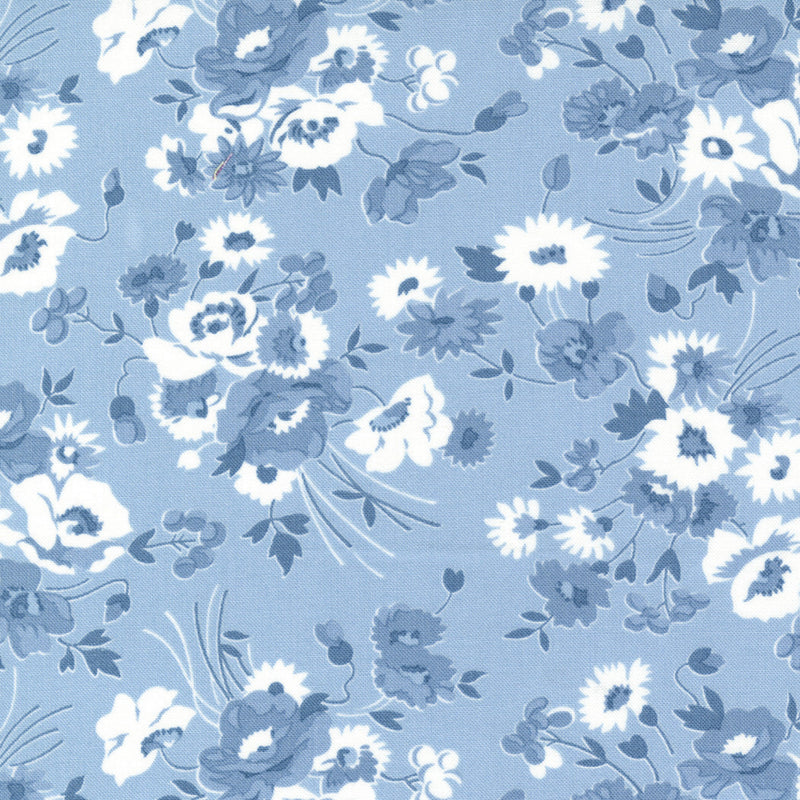 Blue and white floral print wide quilt backing fabric on a light blue background.
