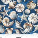 Seashell pattern on a dark blue background.