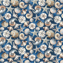 Seashell pattern on a dark blue background.