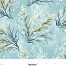 Seaweed pattern fabric with Benartex label on a light blue background