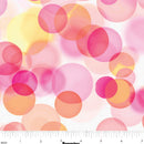 Wide quilt backing fabric pattern featuring overlapping translucent circles in pink, magenta, peach, and pale yellow on a white background, with a ruler along the bottom edge for scale.
