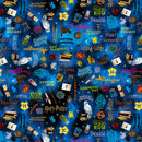 Harry Potter-themed wide quilt backing fabric with various elements and text on a blue background.