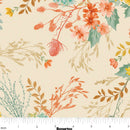 Wide quilt backing fabric with a repeating floral pattern on a warm cream background, featuring watercolor-style botanical sprigs in muted teal, sage green, coral pink, mustard yellow, and tan with a ruler at the bottom for scale