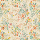 Wide quilt backing fabric with a  repeating floral pattern on a warm cream background, featuring watercolor-style botanical sprigs in muted teal, sage green, coral pink, mustard yellow, and tan.