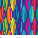 Wide quilt backing fabric with colorful oval shapes on a dark blue background with a ruler at the bottom for scale.