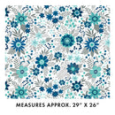 Floral patterned wide quilt back fabric with blue, green, and gray flowers on a white background.