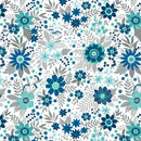 Floral patterned wide quilt back fabric with blue, green, and gray flowers on a white background.
