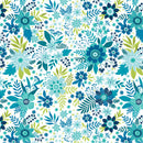 Wide quilt backing fabric with a pattern of teal and aqua flowers and green leaves on a white background.