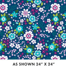 Multi colored floral fabric on a dark blue backgroun.
