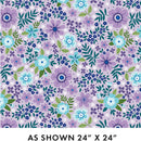Fabric with Purple and aqua flowers on a lavender background.