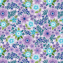 Wide quilt backing fabric with a floral print in purple, blue and aqua with green leaves on a lavender background.