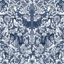Wide quilt backing fabric with a symmetrical, highly detailed botanical and animal pattern featuring deer, birds, flowers, butterflies, and foliage in blue and white.