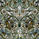 Wide quilt backing fabric with a symmetrical, highly detailed botanical and animal pattern featuring deer, birds, flowers, butterflies, and foliage in muted green, beige, gray, black, and orange tones.