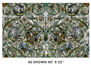 Wide quilt backing fabric with a symmetrical, highly detailed botanical and animal pattern featuring deer, birds, flowers, butterflies, and foliage in muted green, beige, gray, black, and orange tones.