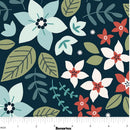 Poinsettia print in blue, red, pink and green on a dark blue background.