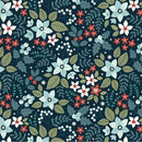 Poinsettia print in blue, red, pink and green on a dark blue background.