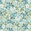 Pattern of teal, white and green flowers and leaves on a light teal  background.