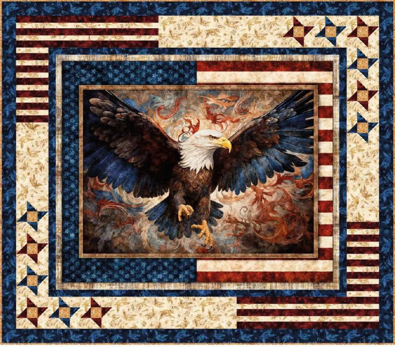Quilt kit featuring a bald eagle design in the center, surrounded by American flag patterns.