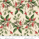 Christmas-themed fabric pattern with holly leaves, berries, and pinecones on a beige background.