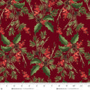 Christmas-themed fabric pattern with holly leaves and berries on a red background, featuring a ruler at the bottom.