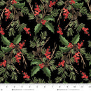 Christmas-themed fabric pattern with holly leaves and berries on a black background, featuring a ruler at the bottom to show scale.