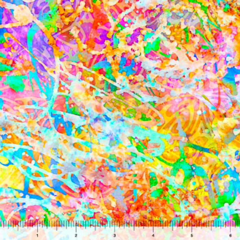 Wide quilt backing fabric with a multicolored abstract pattern with a ruler at the bottom to show scale.