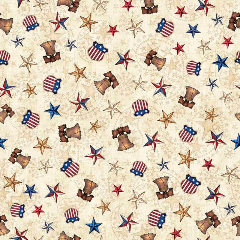 108" American Spirit Liberty Bell and Stars Wide Quilt Back Tan