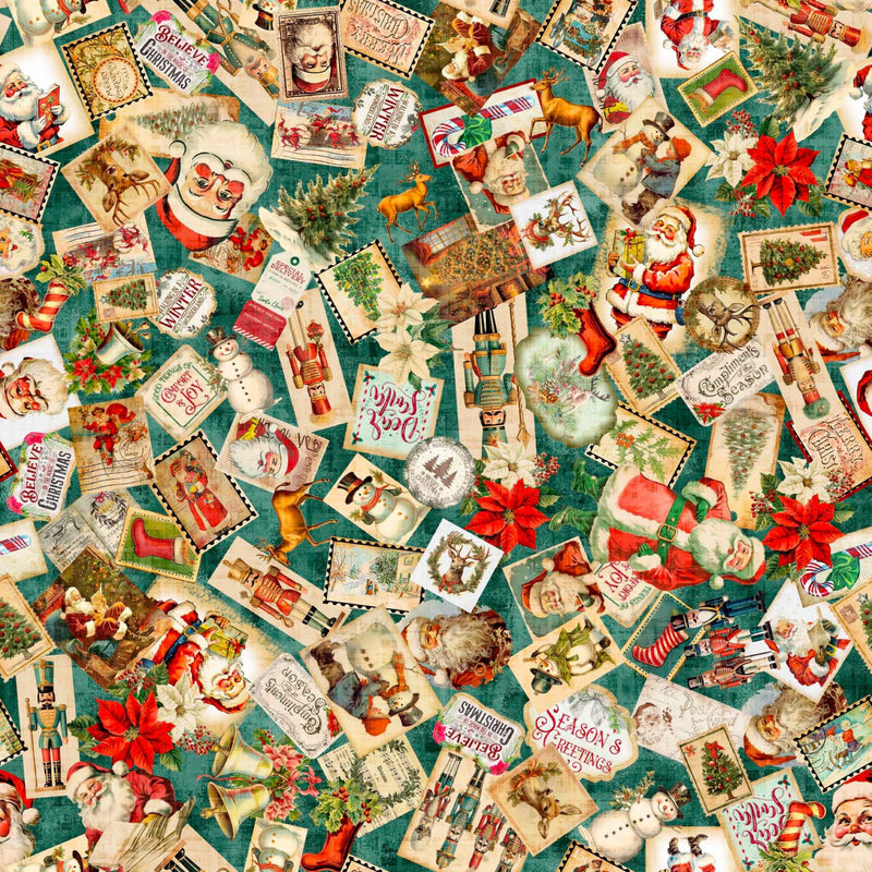 108" Wonderful Christmastime Christmas Collage Wide Quilt Back Teal