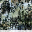 Wide quilt backing fabric with a watercolor painting of a forest with trees and misty background and a ruler at the bottom for scale.