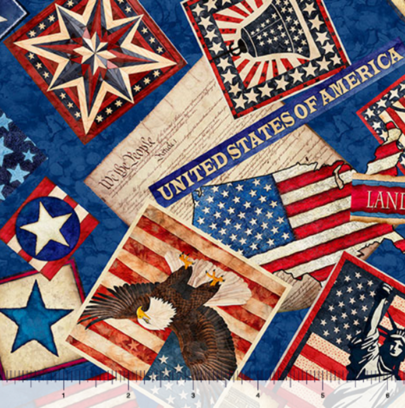 108" American Tapestry Patriotic Collage Wide Quilt Back Blue