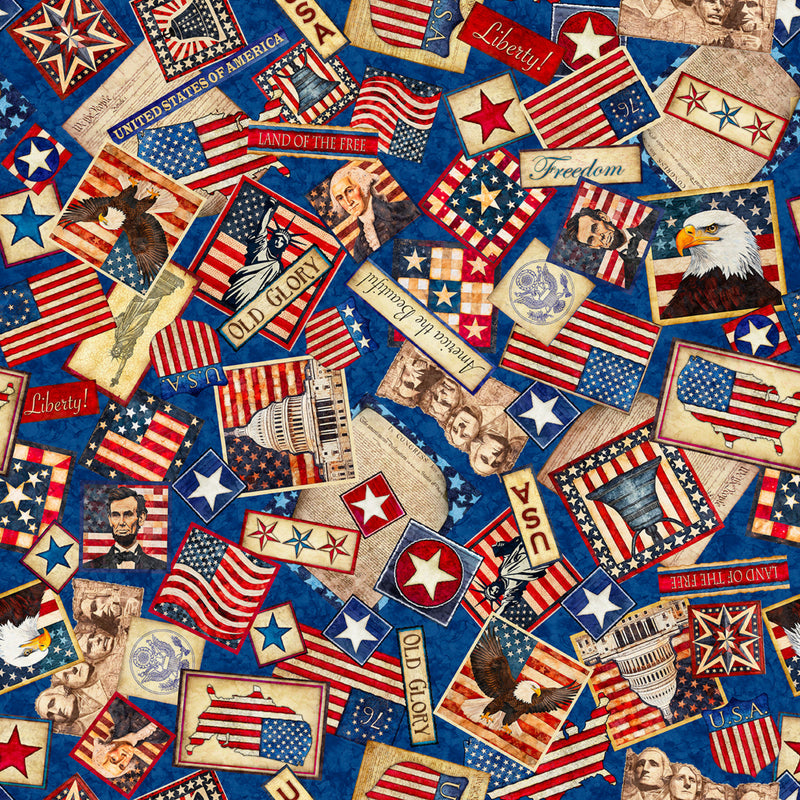 Sample Swatch of 108" American Tapestry Patriotic Collage Wide Quilt Back Blue