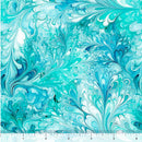 Wide quilt backing fabric with a marble print in teal, turquoise, aqua and white with a ruler at the bottom for scale.