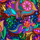 Wide quilt backing with a vibrant abstract pattern featuring psychedelic paisley, floral motifs, and swirling organic shapes in a rainbow of bright colors including purple, blue, green, orange, yellow, and red.
