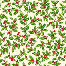 Wide quilt backing fabric with a pattern of holly leaves and berries on a cream background.