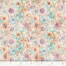 Wide quilt backing fabric with a pattern of colorful flowers on a beige background with a ruler at the bottom for scale.