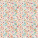 Wide quilt backing fabric with a pattern of colorful flowers on a beige background.