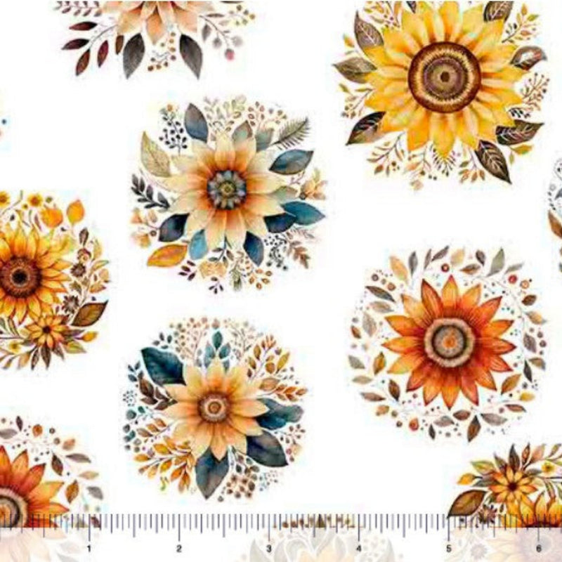 Sample Swatch of 108" Poultry in Motion Sunflowers Wide Quilt Back White