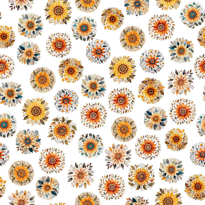 Sample Swatch of 108" Poultry in Motion Sunflowers Wide Quilt Back White