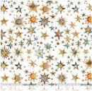 Fabric pattern of colorful stars with a ruler at the bottom for scale on a white background.