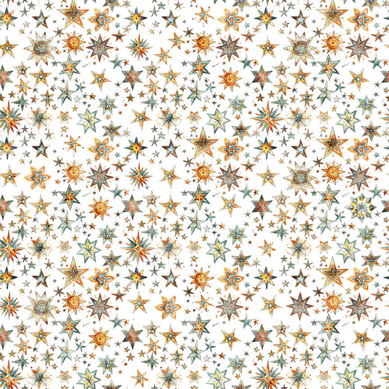 Fabric pattern of colorful stars on a white background.