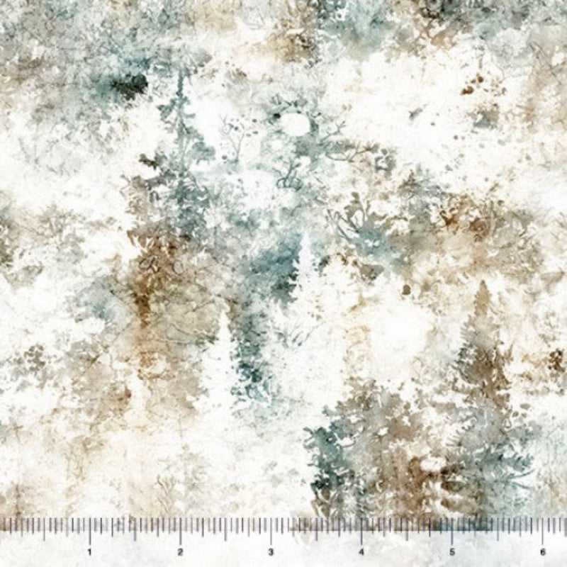 Textured fabric pattern with abstract pine trees in earthy tones with a ruler at the bottom for scale