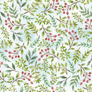 Pattern of green leaves and red berries on a light blue background.