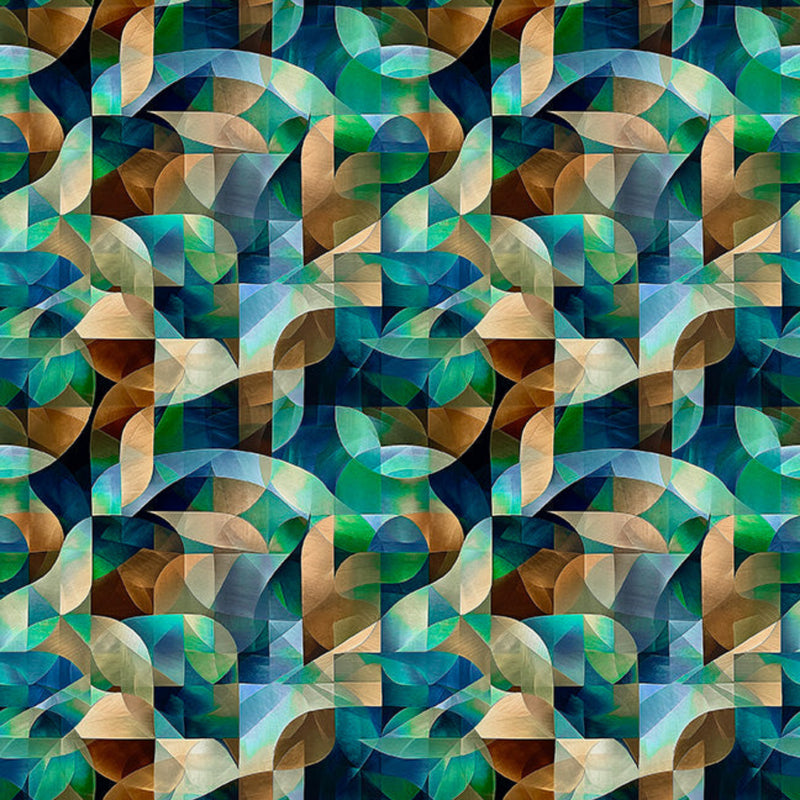 Wide quilt backing fabric with a geometric print in blues, greens, browns and tans.