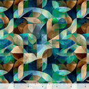 Wide quilt backing fabric with a geometric print in blues, greens, browns and tans with at ruler at the bottom for scale.