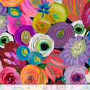Wide quilt back fabric with a colorful floral pattern and a ruler at the bottom to show scale.