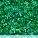 Fabric with green leaf pattern, ruler at bottom for scale